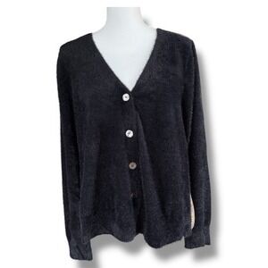 Current Air Los Angeles Black Fuzzy Knit‎ Cardigan Top Gold Contrast Back Size L